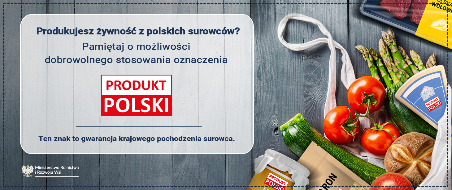 Grafika promująca produkt polski w tle zakupy spożywcze na tle szarych desek